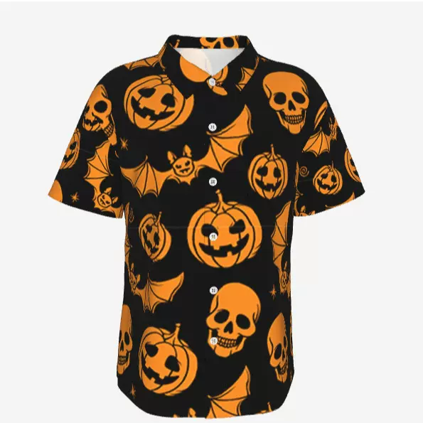2023夏季短袖衬衫男女开衫T恤衫 四面弹3D万圣节南瓜数码印花衬衣
