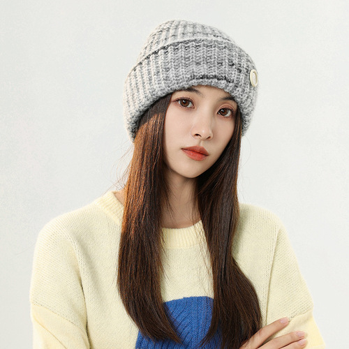 Gradient Striped Knitted Hat Autumn/Winter Colorful Woolen Hat Ear Warm Hat Warm Large Brim Cold Hat Face Slimming Overhead Hat
