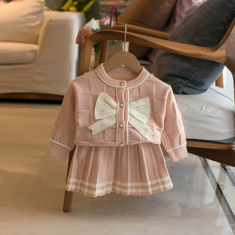 Set da due pezzi con gonna in maglia cardigan a maniche lunghe scozzese con fiocco in tinta unita per ragazze autunno e inverno_voghion.com