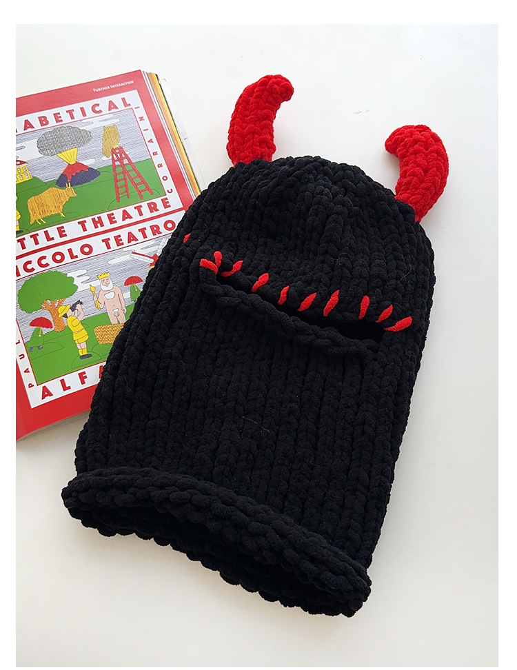 Little Devil Horns Smešna maska Pulover Kapa Moška in ženska Jesenska in zimska topla zaščita za ušesa Integrirana kapa Debela volnena pletena kapa_voghion.com