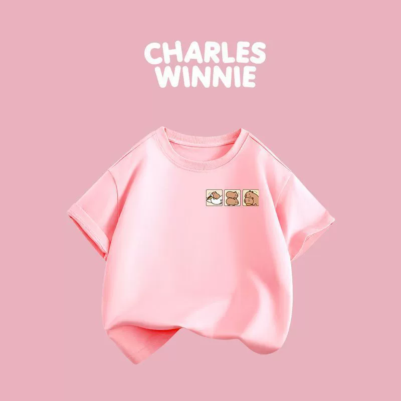 Cross-border ca three 9 upper right middle and large children pure cotton children's short-sleeved 2025 new summer boys and girls round neck children's clothing