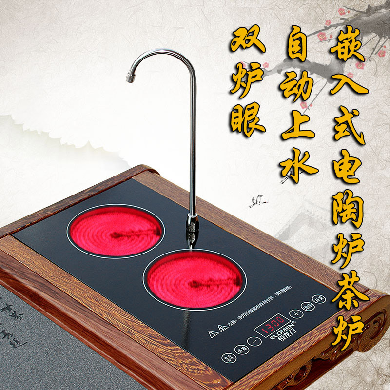 Double-Burner Built-In Electric Ceramic Stove Tea Stove with Automatic Water Supply and Pump, Tea Table, Tea Tray, Iron Pot for Brewing Tea, Glass Tea Maker