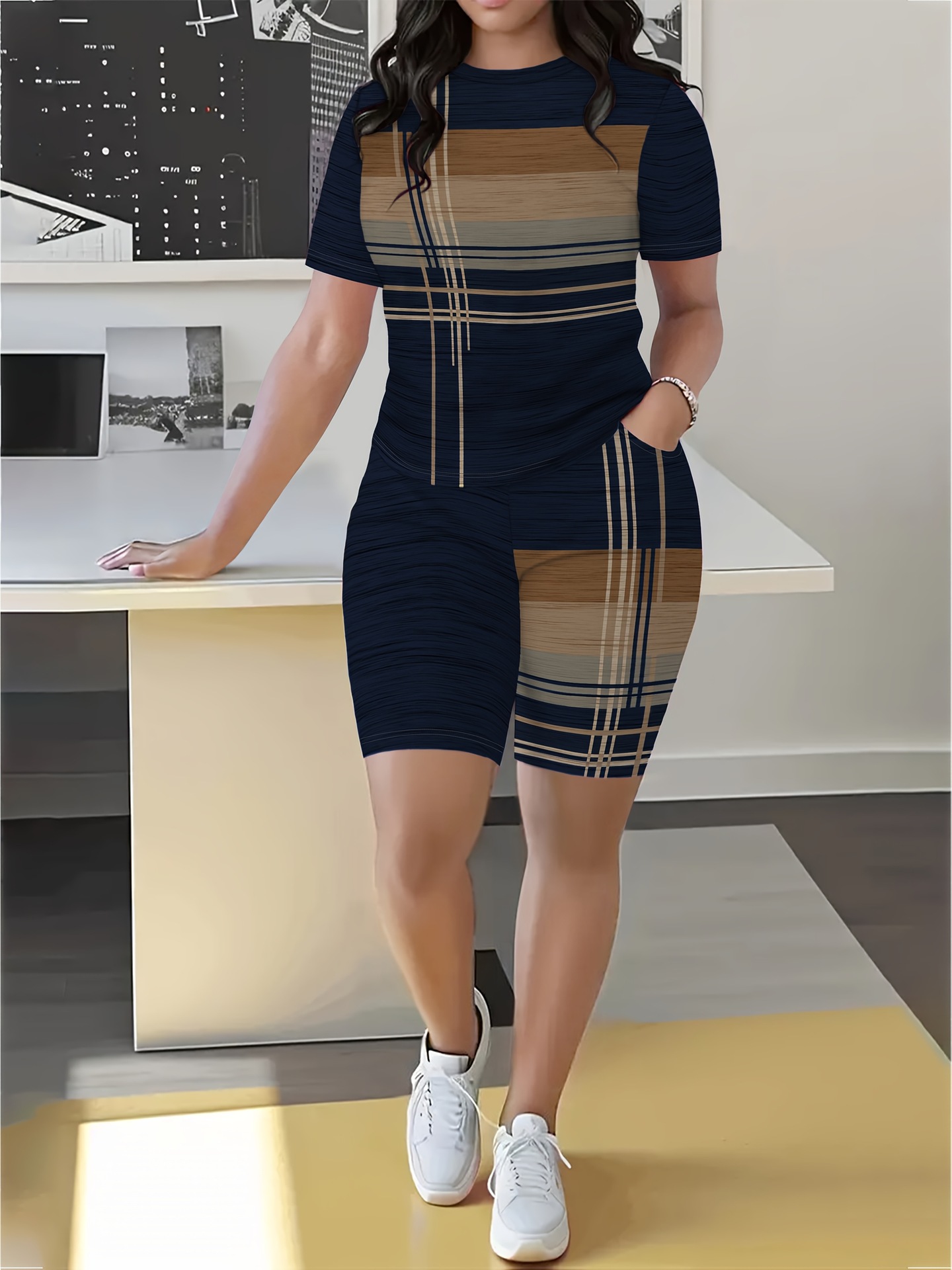 Women's Geometric Print Short Sleeve T-Shirt And Shorts Set - Comfortable Casual Summer Outfit ​​Versatile Two-Piece Coordination_ecoleips.com