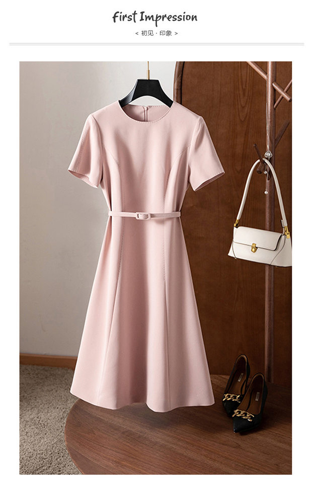 Đầm liền nữ cổ tròn phong cách Pháp, eo thon dáng chữ A, chất liệu satin, tay ngắn, màu trơn — Màu hồng, Màu trắng sữa, Màu đen chi tiết 1