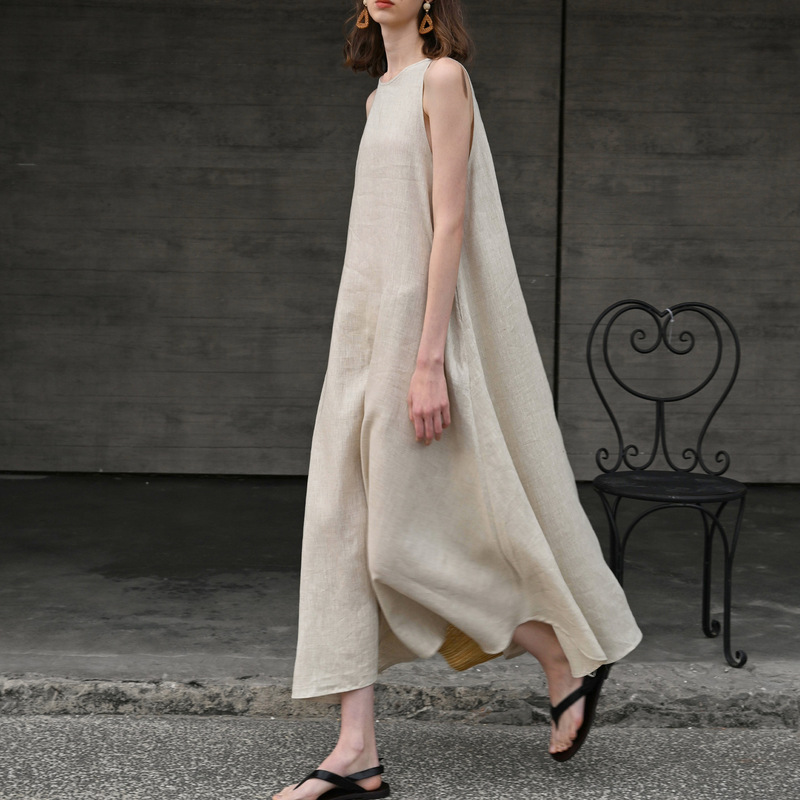 【Clearance Sale】Pure Linen Sleeveless Mermaid Dress for Women, Vacation Style, Elegant Long Dress, Round Neck Tank Dress