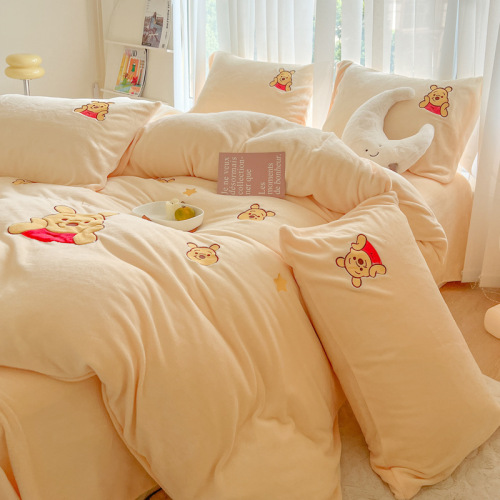 Category a maternal and infant grade cartoon milk velvet four-piece set skin-friendly baby velvet warm autumn and winter thickening home textile wholesale