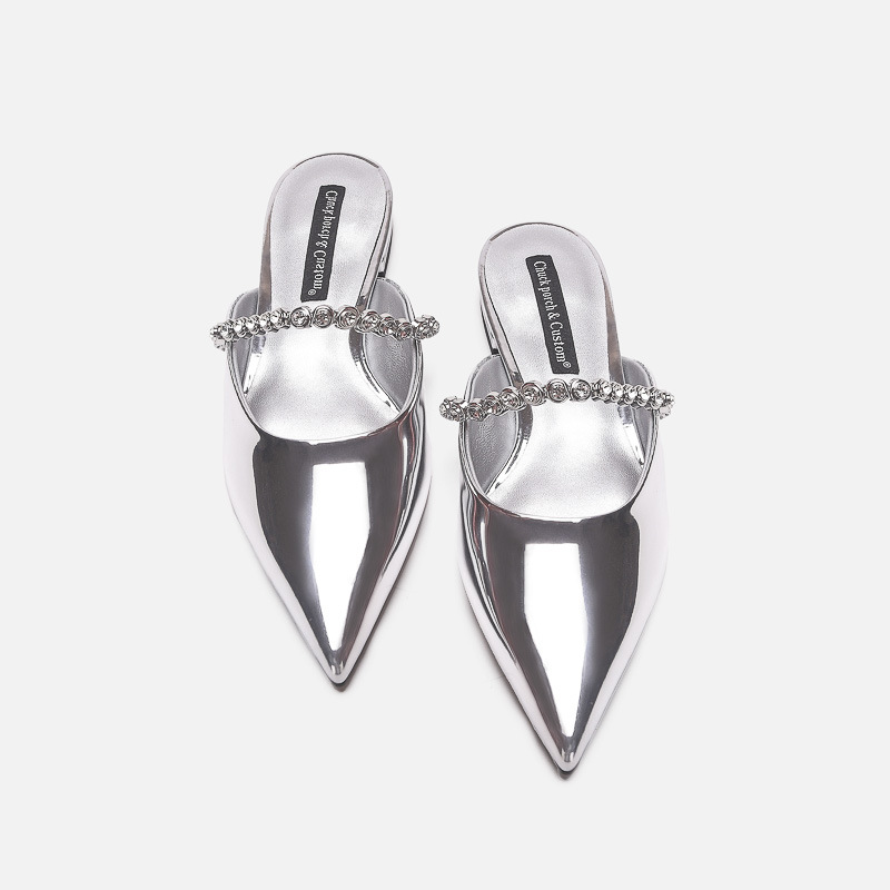 Spring/Summer New Gemstone Chain Pointed Toe Silver Shoes Women's Outerwear Closed Toe Half Slippers Slimming Flat Mules_voghion.com
