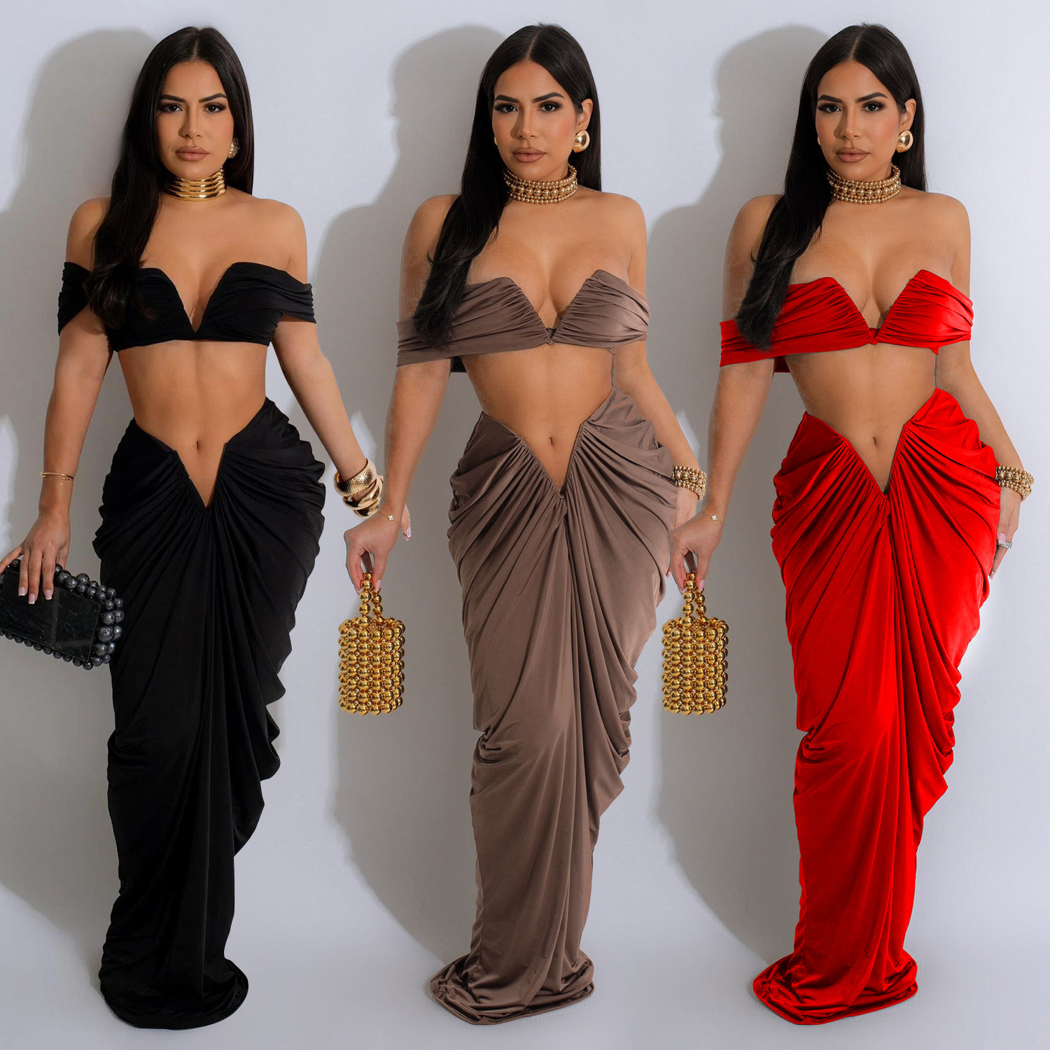 C6822 transfronterizo AliExpress Amazon ropa de mujer de moda europea y americana de color sólido sexy tubo superior Falda plisada conjunto de dos piezas