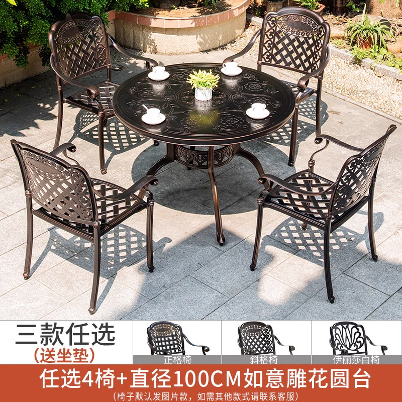 Mesa y silla al aire libre combinación de aluminio fundido patio jardín al aire libre impermeable y protector solar hierro forjado al aire libre mesa y silla de ocio conjunto