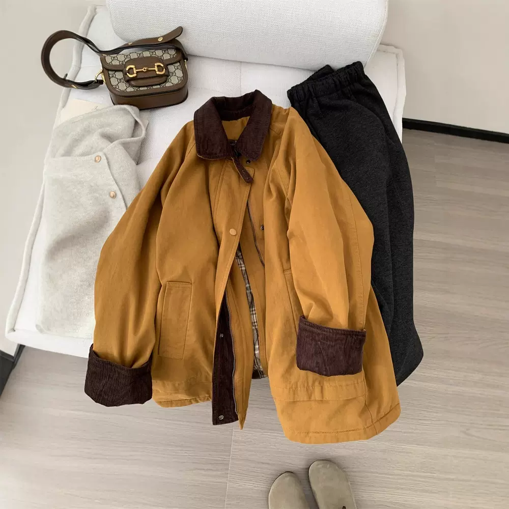 南瓜橘工装风灯芯绒拼接翻领外套女帅气时髦中长款夹棉上衣棉服冬
