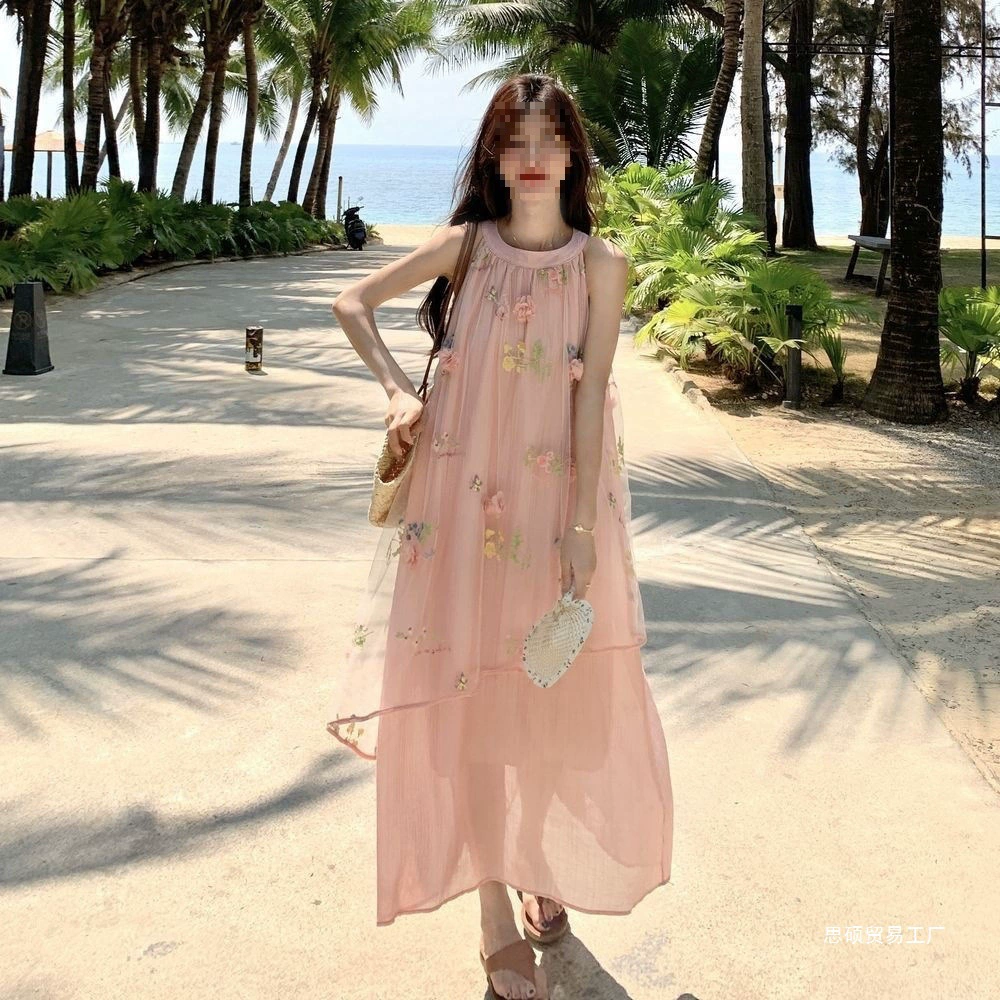 Французское сладкое платье с трехмерной вышивкой и воротником-стойкой для женщин, летний новый стиль, сетчатая длинная юбка для праздников.