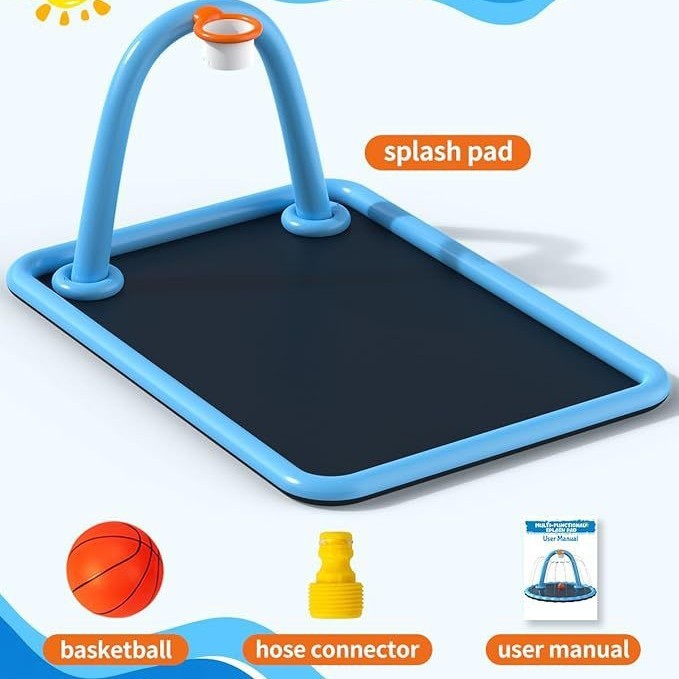 Thickened Non-Slip Splash Pad with Basketball Hoop, Foldable Water Game Pool and Outdoor Summer Toy