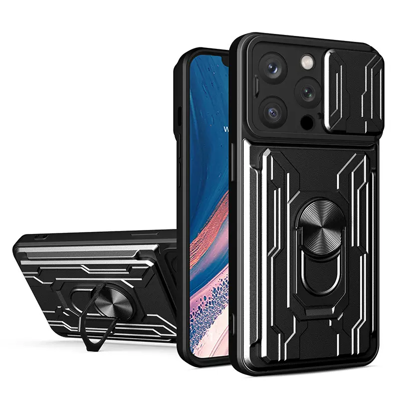 跨境适用于苹果15ProMax手机壳可拆卸插卡套iPhone15指环支架推窗