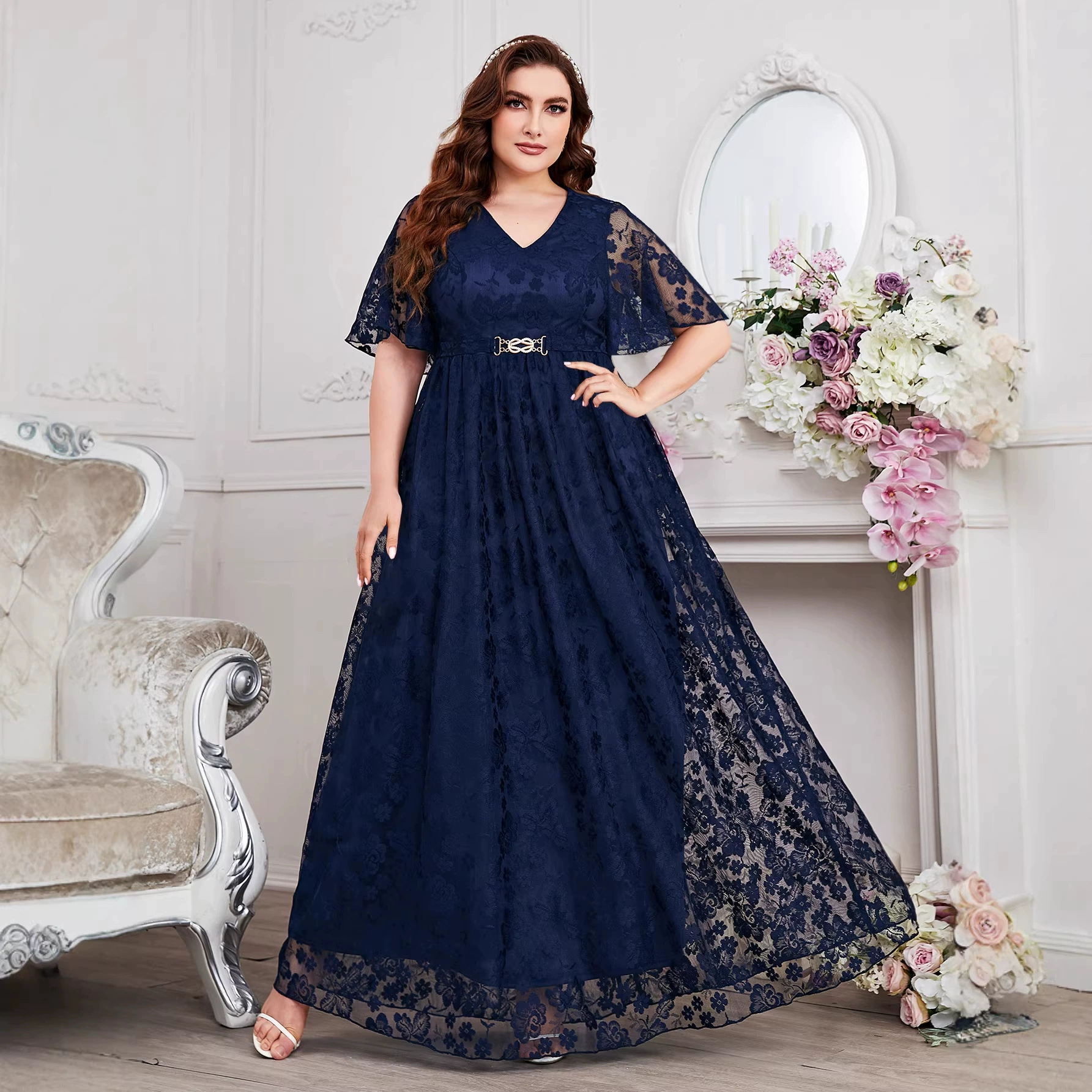 Amazon европейское и американское женское модное и элегантное кружевное платье больших размеров с v-образным вырезом, большая юбка, независимая станция, трансграничная