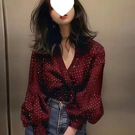 酒红色雪纺波点灯笼袖气质小衫长袖衬衫女士初秋上衣