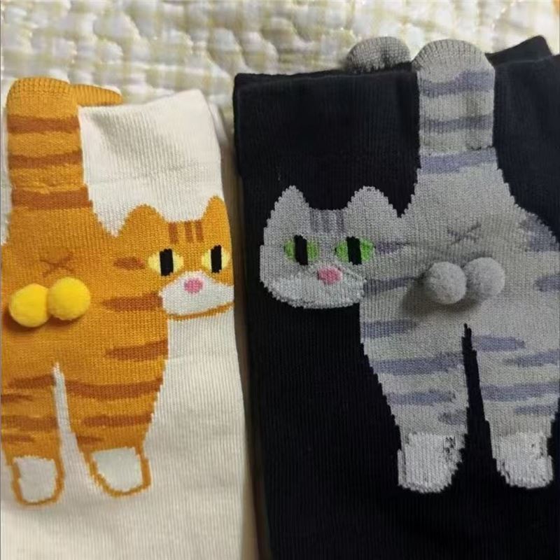 现货小红书白色卡通猫咪叮叮当蛋蛋袜子女夏季ins可爱搞怪中筒袜|undefined