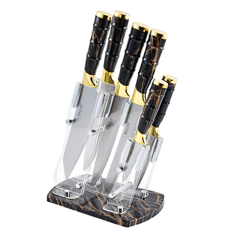 Conjunto de cuchillo de chef de siete piezas de acero inoxidable de doble galvanoplastia con mango de bambú, soporte de cuchillo afilado y duradero al por mayor