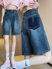 デニムの5分のズボンの太ももの太いズボンの女性の夏の薄いタイプの青い広足の高腰のゆったりとした肉のストレートパンツ