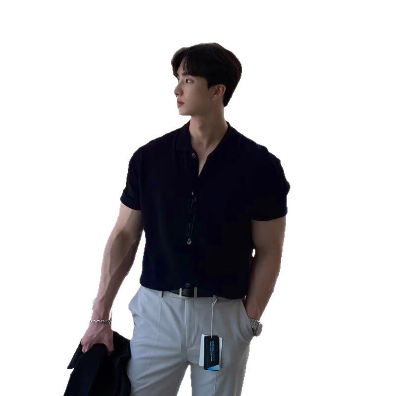 Cárdigan de punto de tipo duro europeo y americano, hombre musculoso, chaqueta delgada de manga corta, camiseta de solapa, camisa Paul de seda de hielo, marea