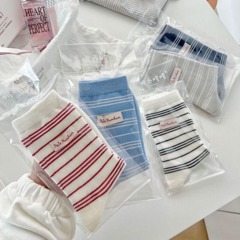 American-Style English Label ~ College-Style Thin Striped Long Tube Socks, All-Cotton Women's Spring and Summer Ins-Style Seamless Slouch Socks