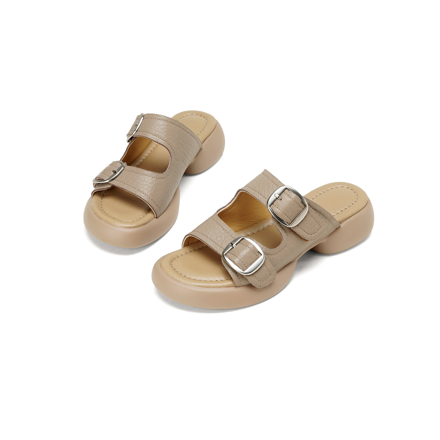 Dép sandal nữ quai chữ V đế dày da cừu khóa thắt lưng — Xám voi chi tiết 16