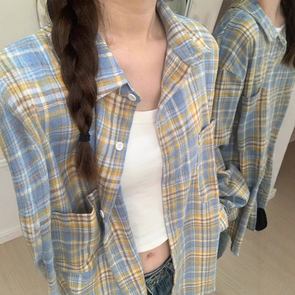 美式小众设计长袖衬衫格子条纹百搭宽松显瘦休闲日常衬衣上衣外穿