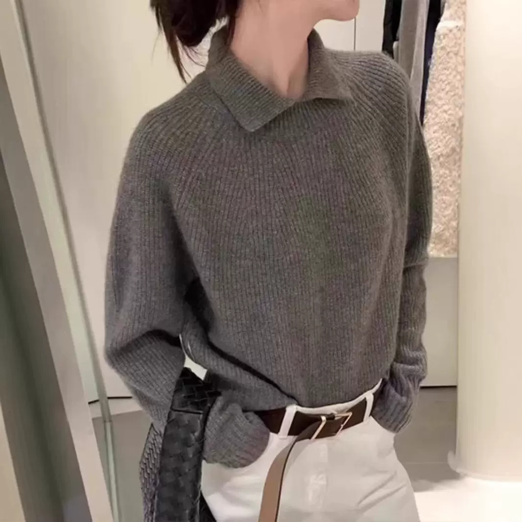 高级感灰色小翻领套头毛衣女秋冬韩版宽松显瘦气质针织衫内搭上衣