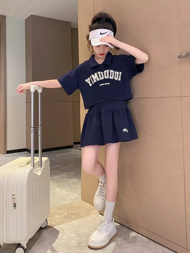 Girls Summer Puff Skirt Set 2023 New Medium and Large Children Korean Style Short Polo Shirt Splicing Skirt Two-piece Trendy Set