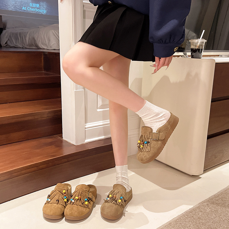 磨砂皮平底包头半拖鞋女2025夏季新款外穿流苏配饰休闲风包头拖鞋|undefined