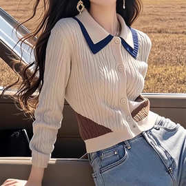 卡其色polo领毛衣针织开衫2025春秋冬新款毛衣穿搭巴恩风女装上衣