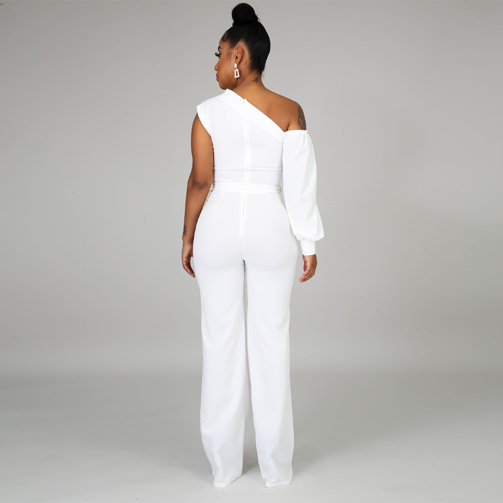 single-shoulder long sleeve lace-up wide-leg solid color jumpsuit NSMYF125965