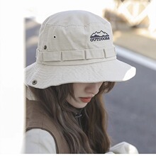 日系薄款抽绳大檐渔夫帽子女夏季透气防晒户外登山出游西部牛仔帽