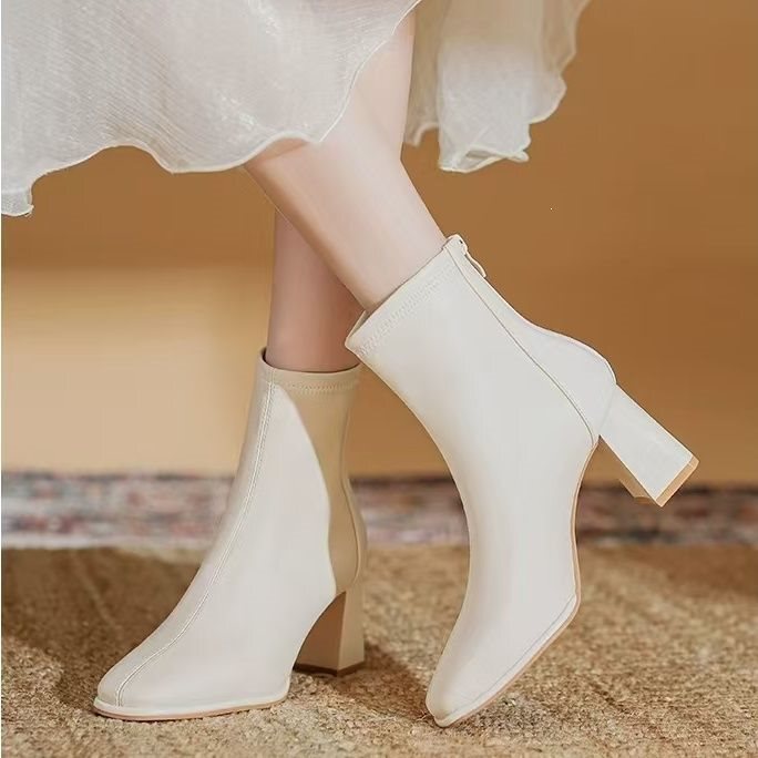 Martin Boots for Women 2024 Autumn and Winter New Style Fleece-Lined Boots High-Heeled Slim Boots Slimming Soft Leather Chunky Heel Fashion Short Boots