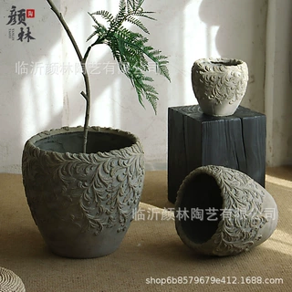 北欧浮雕水泥花盆圆形客厅阳台酒店庭院大口径绿植盆商场装饰摆设