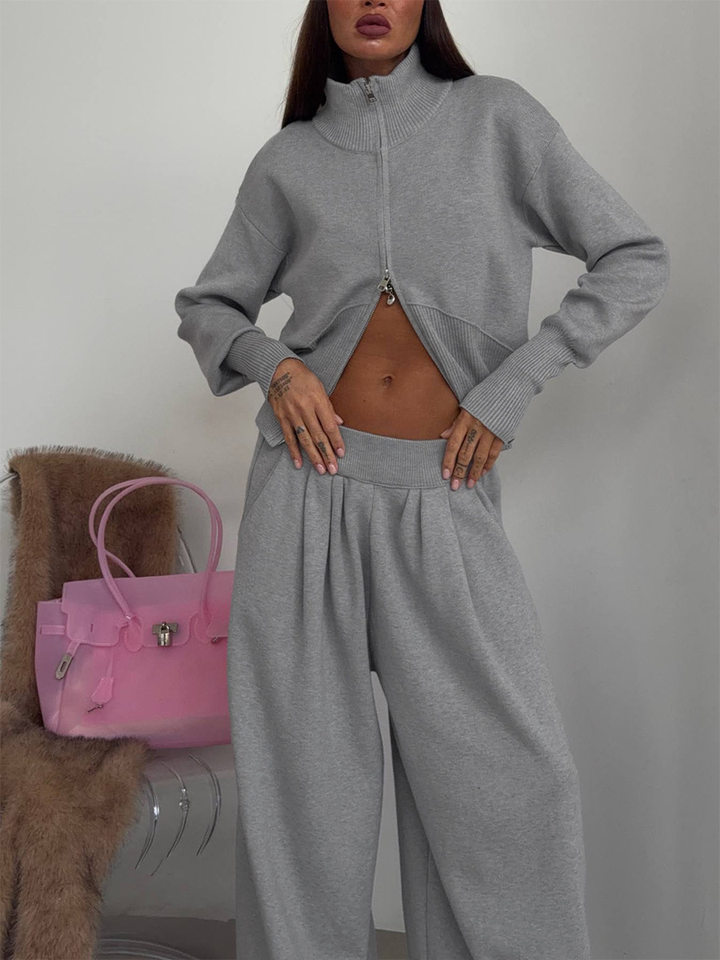 Set áo len cardigan dáng rộng phối quần ống lồng hai dây kéo — màu hồng, màu xám