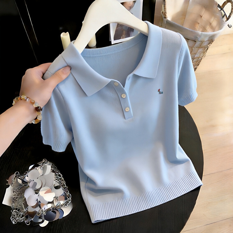 Xue3431 New Summer Style Women's Sweet Korean-Style Polo Collar Short-Sleeved T-Shirt Knitwear Popular Top This Year Xue3431 New Summer Style Women's Sweet Korean-Style Polo Collar Short-Sleeved T-Shirt Knitwear Popular Top This Year
