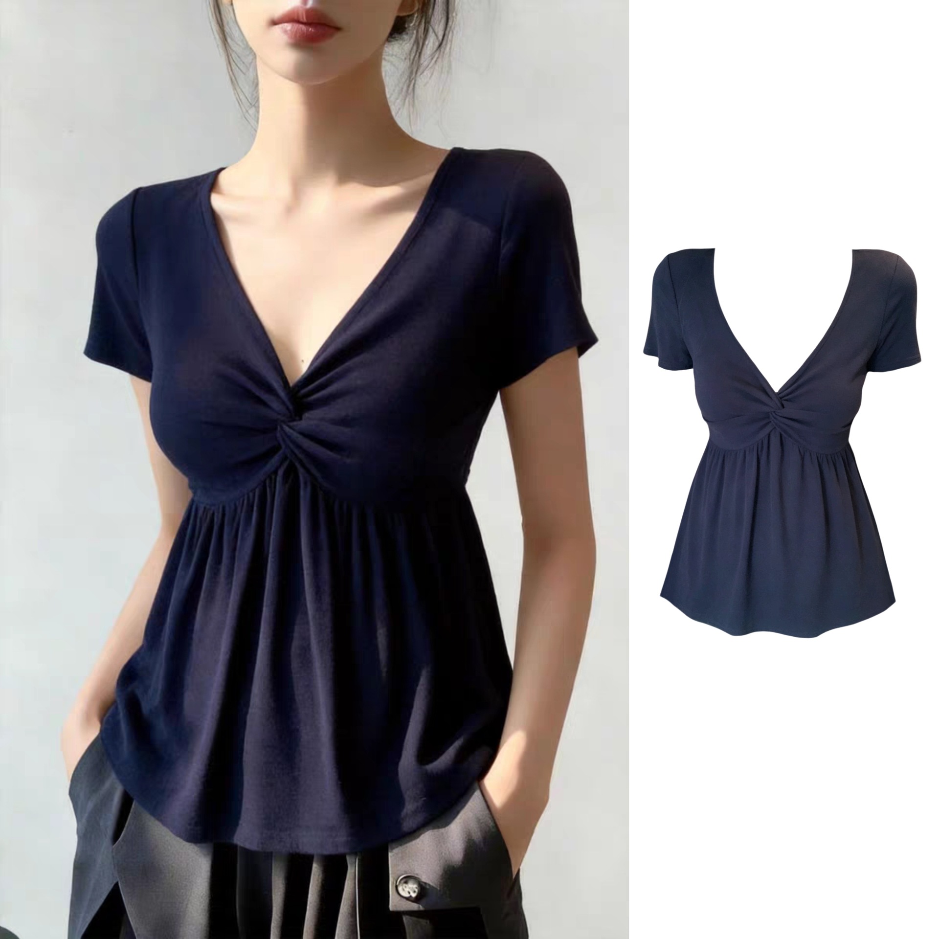 Plus-size women's V-neck knotted short-sleeved top, perfect for summer, slimming and flattering.