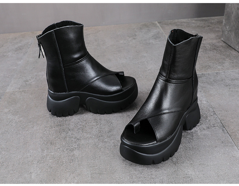 Sandal cao gót nữ mũi hở phong cách La Mã đế dày da bò — màu đen chi tiết 11