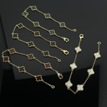 mini小号四叶草六花手链女镀18K玫瑰金天然白贝母红玉髓满钻直播