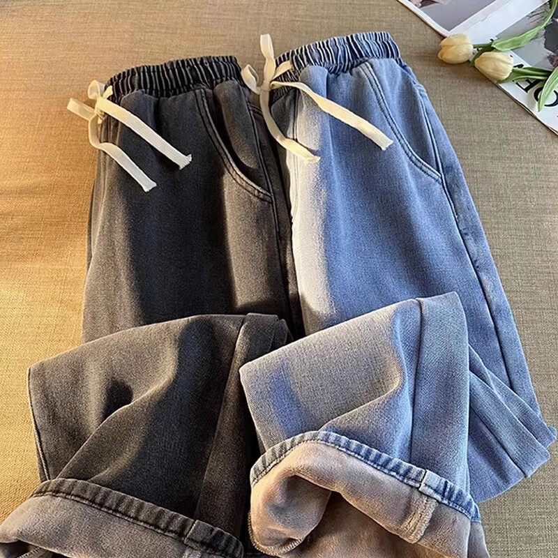 2024 jeans women's autumn and winter new high waist straight elastic waist plus size slim junior high school girls wide leg pants