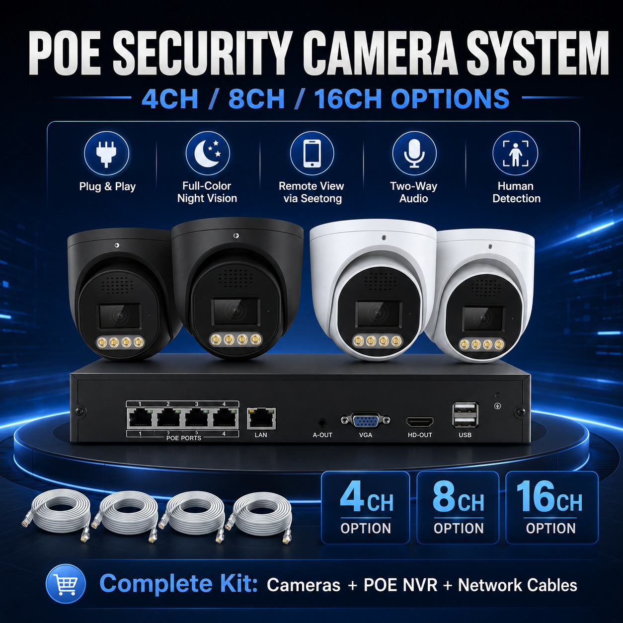 4/8/16CH POE Security Camera System CCTV Kit 监控摄像头套装