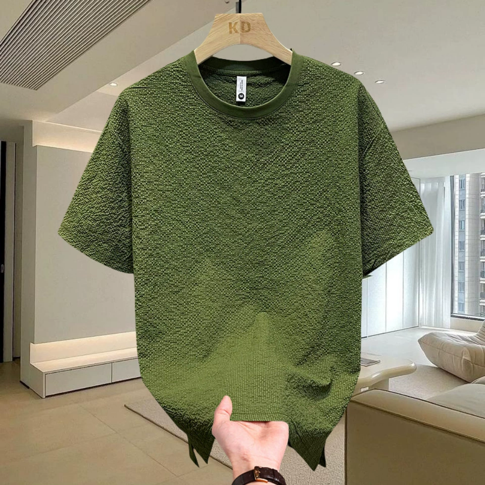 Дикая летняя свободная полукрукавная тенденция с круглым вырезом повседневный дизайн чувство пузырьковой пряжи текстура с короткими рукавами для мужчин