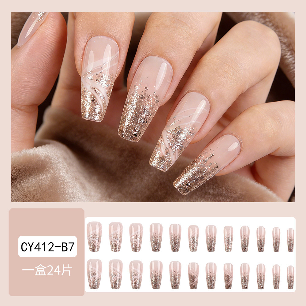 Dulce polvo desnudo, líneas doradas brillante, uñas largas, lujosas, lujosas, 24 piezas de parche de uñas.