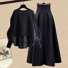 大きいサイズの婦人服の秋冬のスーツの女性の2025新型のファッションは偽の2つの上着をつなぎ合わせてやせている半身のスカートの2つのセットを現します。