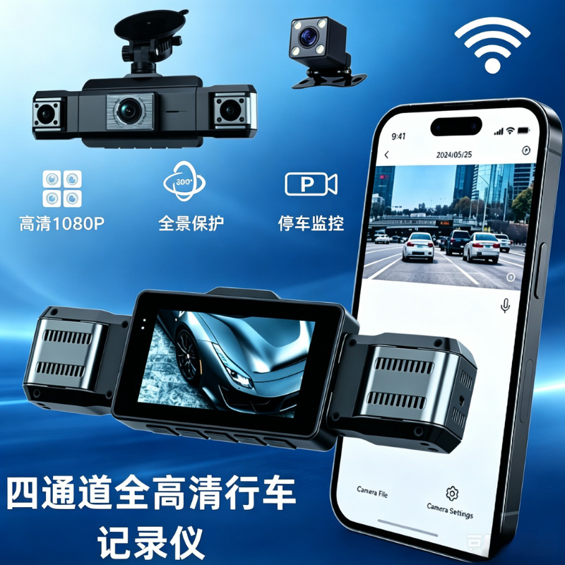 Cross-border four-lens dashcam with high-definition night vision, simultaneous four-record display, mobile phone connectivity, and in-car four-record recorder