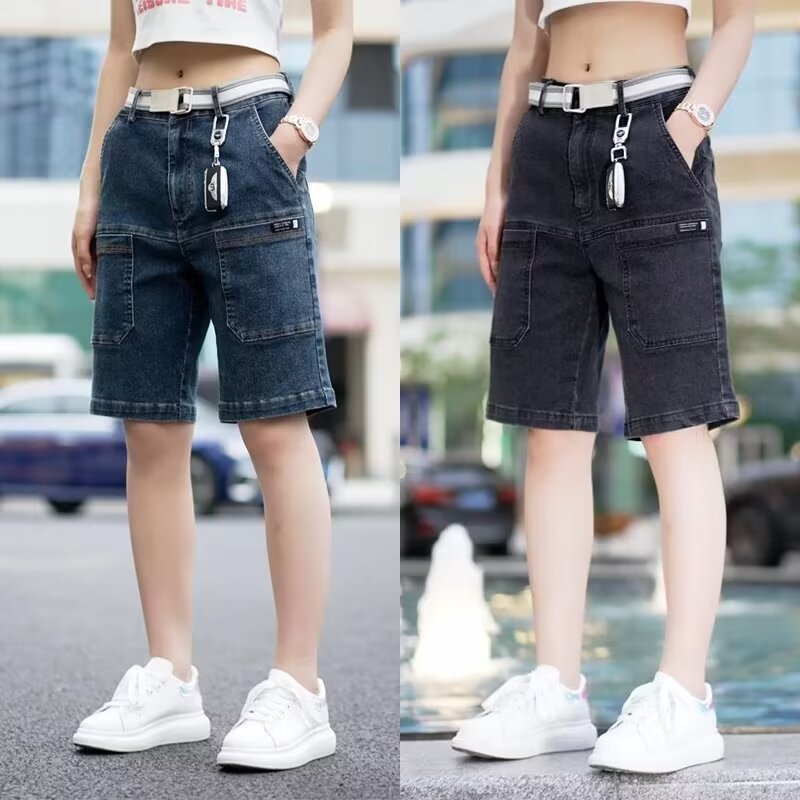 Pantalones cortos de mezclilla de la calle para hombres 2024 marea de verano retro lavado y pantalones de pierna recta desgastados pantalones de cintura elástica sueltos de cinco puntos