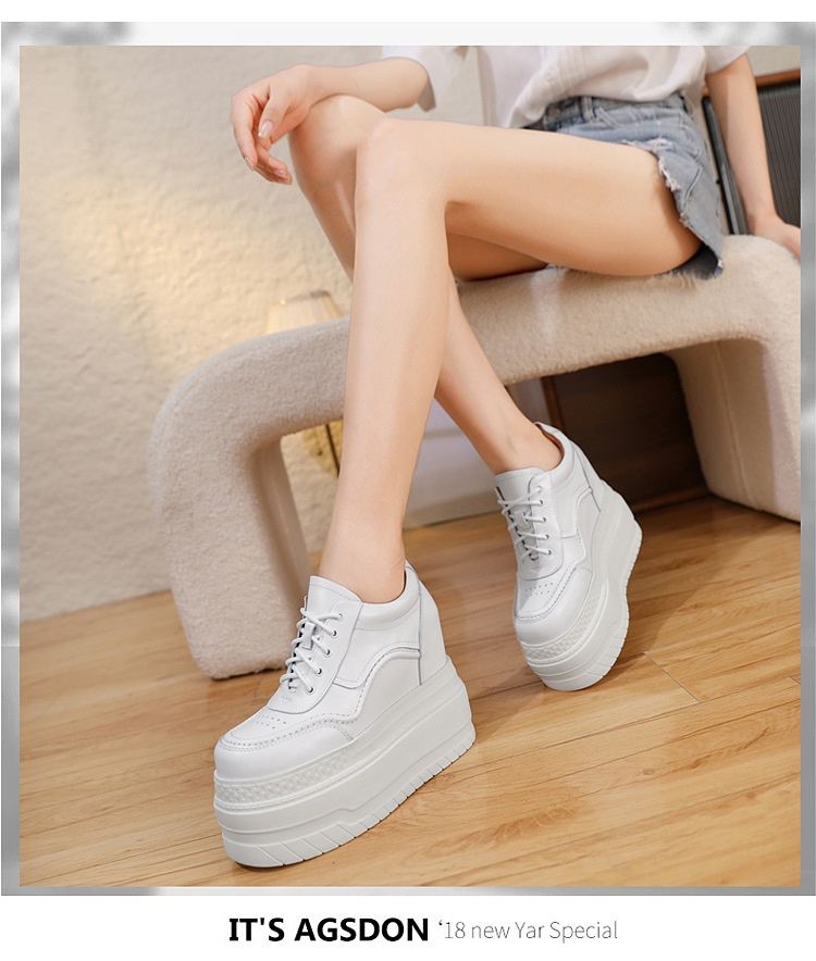 Giày trắng da thật tăng chiều cao 12cm, đế xuồng platform đa năng — Trắng đen-10 chi tiết 9
