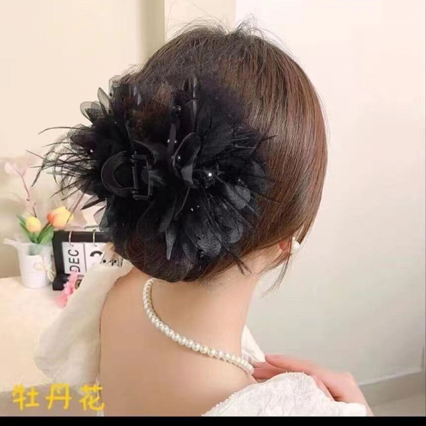 New peony feather flower clip high-looking light luxury fashion shark clip clip Western style hairpin top grade