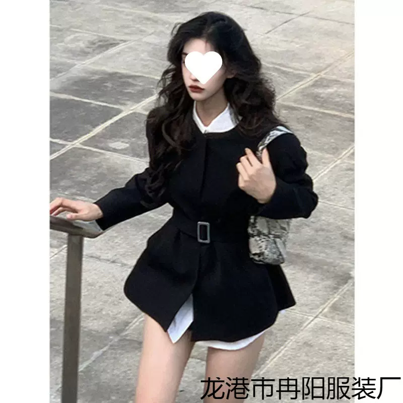 复古高级感长袖黑色西服上衣女2025年春季新款宽松设计感西装外套