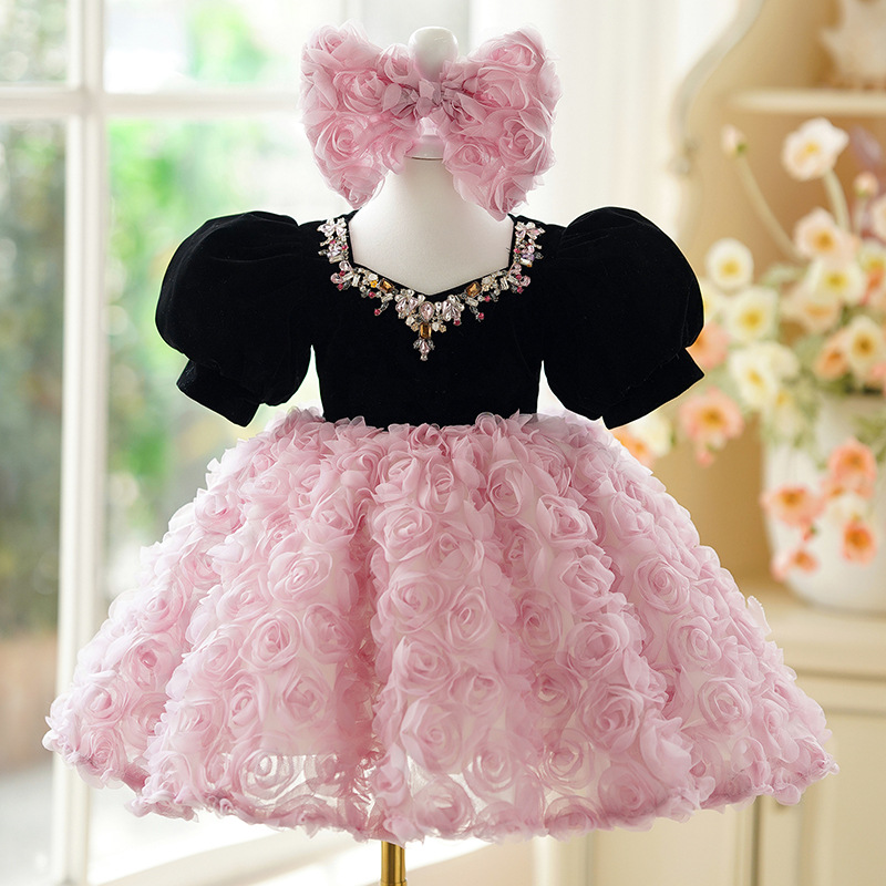 Vestido de niña negro para fiesta de cumpleaños de princesa, ideal para actuaciones de piano._voghion.com